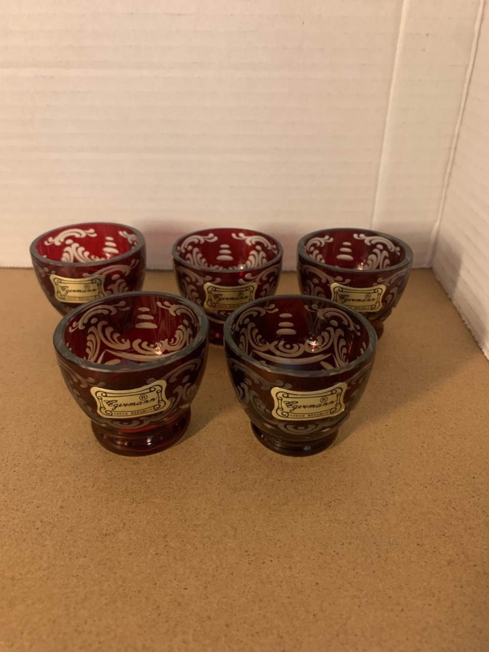 Ruby Red Etched Glass Shot Glasses - Set of 5